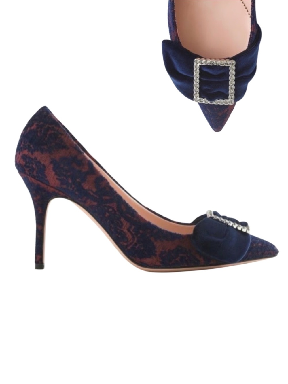 J. CREW NWOT Navy Maroon Velvet Damask Rhinestone Buckle & Bow Elsie Pumps Heels